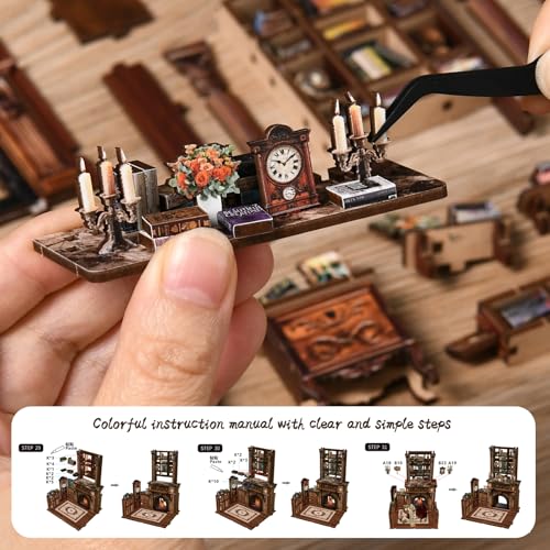 Twilight Library Book Nook Kit - DIY Miniature Dollhouse with LED Warm Light, 3D Wooden Puzzle Bookends, Immersive Miniature, Stress Relief Craft Gift for Adults Teens, Aesthetic Home Decor - style: Twilight Library