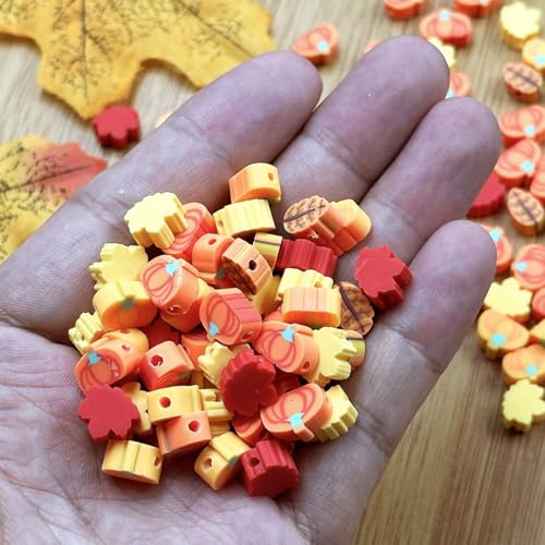 Polymer Clay Fall Pumpkin Maple Loose Spacer Beads, 10mm Thanksgiving Autumn Maple Leaves Pumpkin Beads Charms for DIY Hair Clip Necklace Bracelet Jewelry Earring Handmade Craft Making - color: maple pumpkin
