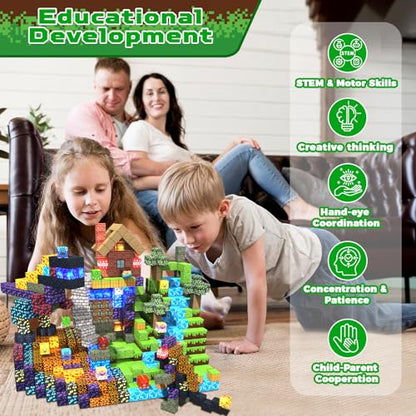 Magnetic Blocks - 150 PCS Dinosaur Volcano Forest Castle Set with Light Up Blocks - Kids Classroom Sensory Toy for Toddlers STEM, Construction Stacking Toy Kids 3+ Boys Easter Basket Stuffers - color: 150pcs Led Glowing Volcano