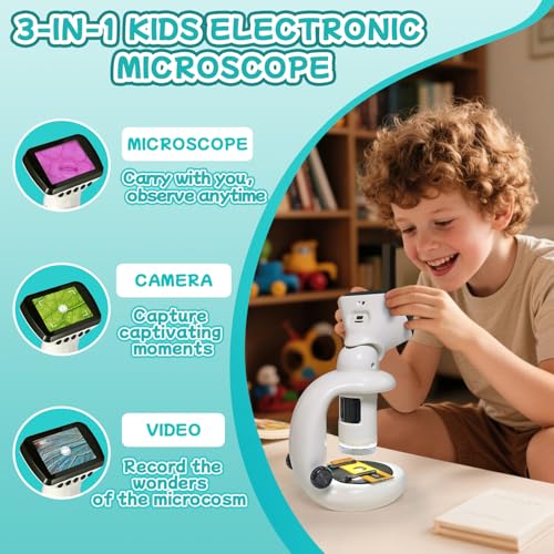Microscope for Kids with 12 Slides, 200X-1000X,2.4" Screen Digital Handheld Kids Microscope Kit, Portable Pocket Removable Miniscope Science Toys Gifts for for 3 4 5 6 7 8 9 10 11 12 Year Old