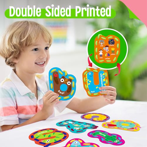 SpriteGru 26PCS Alphabet Lacing Cards, Lowercase Letters Sewing Kit with 26 Double-Sided Cards and 26 Colorful Laces Alphabet Learning Toy Motor Skills Art Crafts for Toddlers, Kids, Students - color: Lowercase Letters