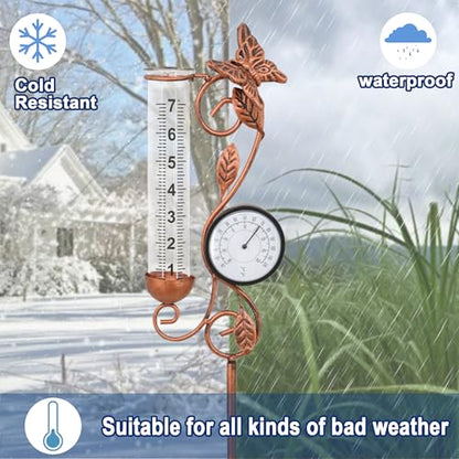 36.5in Butterfly Rain Gauge Thermometer Bronze Metal Garden Stake Decor - color: Bronze Butterfly