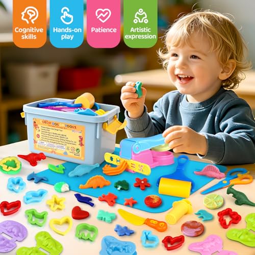 Dough Play Tools Sets for Kids, 35Pcs Clay and Dough Tools Accessories Set with Silicone Mat & Storage Box, 3D Dino Molds, Animal Cutters, Dough Extruder, Rolling Pins for Boys Girls