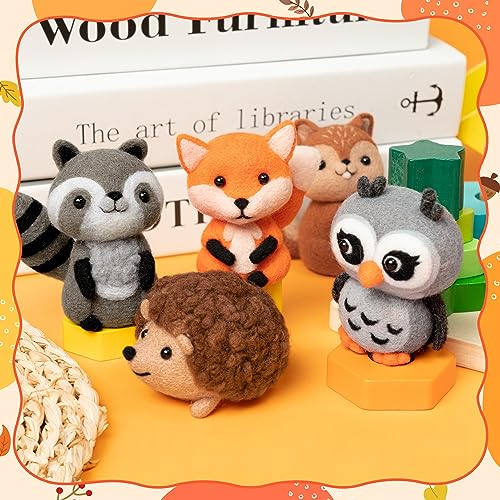 WATINC Needle Felting Kit - 5 Set Unique Different Cute Doll Wool Felt Needle Tools Foam Pad Instruction, DIY Home Decoration Craft Party Supplies for Art Work Starter Beginners (Woodland Animal) - style: Woodland Animal