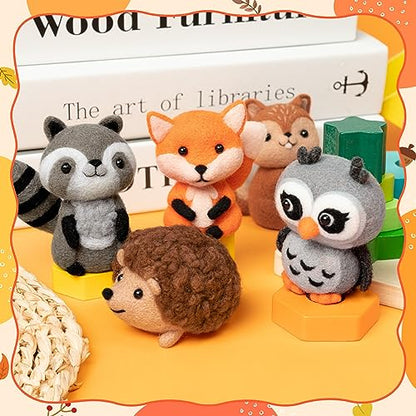 WATINC Needle Felting Kit - 5 Set Unique Different Cute Doll Wool Felt Needle Tools Foam Pad Instruction, DIY Home Decoration Craft Party Supplies for Art Work Starter Beginners (Woodland Animal) - style: Woodland Animal