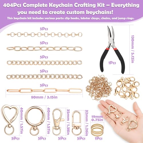 selizo 404Pcs Charms Lip Gloss Keychain Making Kit, DIY Craft Supplies with Charms, Key Chain Hooks, Jump Rings, Lobster Clasps, Chains, Jewelry Making Kit for Custom Keychains, Bags, Valentines Gifts - color: Gold-404Pcs Kit
