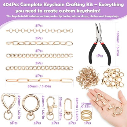 selizo 404Pcs Charms Lip Gloss Keychain Making Kit, DIY Craft Supplies with Charms, Key Chain Hooks, Jump Rings, Lobster Clasps, Chains, Jewelry Making Kit for Custom Keychains, Bags, Valentines Gifts - color: Gold-404Pcs Kit