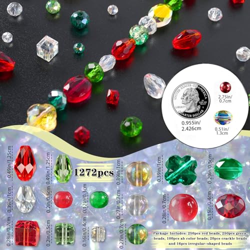 Christmas Glass Beads for Jewelry Making,1272 pcs Red Green AB Color Craft Crystal Beads with Loose Beads Sparkly Beads Hole Drilled for DIY Christmas Bracelets Necklace Wristband Earring Craft - color: Red Green, size: 1272pcs