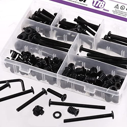 Swpeet 180Pcs M6 Carbon Steel Black Hex Drive Socket Cap Bolts and Threaded Inserts Nuts with T Nut 4 Pronged Tee Blind Nuts and Flat Washers Kit, 1Pcs Wrench Bolts Fully Threaded Hex Socket Screws