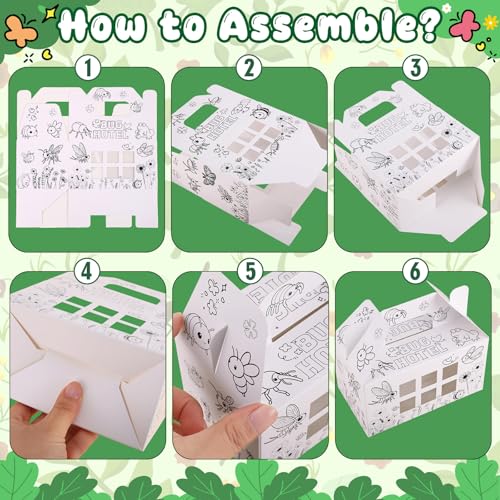 28 Pack Bug Hotel Box Color Your Own Cardboard Bug Catchers with Stickers, DIY Insect Critters Collection Gable Box with Window for Spring Summer Garden VBS Crafts Party Favors
