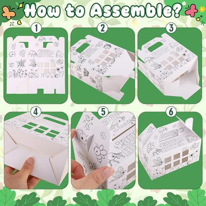 28 Pack Bug Hotel Box Color Your Own Cardboard Bug Catchers with Stickers, DIY Insect Critters Collection Gable Box with Window for Spring Summer Garden VBS Crafts Party Favors