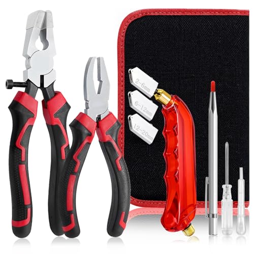 YOTINO Glass Cutting Tools, 9PCS Glass Cutter Glass Running Pliers Breaking Grozer Pliers,Tungsten Scribe Engraving Pen, Oil Feed Glass Cutters Tools Kit for Stained Glass, Tiles, Mosaic Cutting - color: black+red
