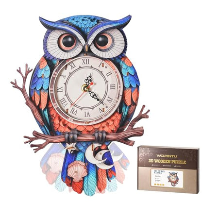 3D Wooden Owl Clock Puzzle – Colorful Deep Cobalt Blue and Red Design – DIY Model Kit for Teens & Adults (15+) – Unique Wall & Desk Clock with Roman Numerals – Gift-Ready Packaging - color: Deep Cobalt Blue