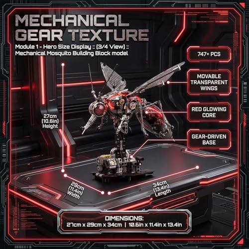 Mechanical Mosquito Building Block Kit, Dual Power Motor & Hand-Crank, Flapping Wings Moving Abdomen, Transparent Gear STEM DIY Model, - color: Mosquito Building With Motor