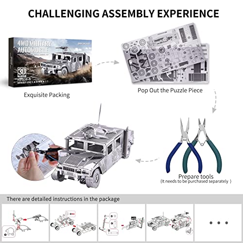 Piececool 3D Metal Puzzle Car Model Kits, American Hummer H1 Military Vehicle Models Kit, Brain Teaser DIY Metal Model Building Kits for Adults Teens Stress Relief, Best Gifts - color: Silverhummer