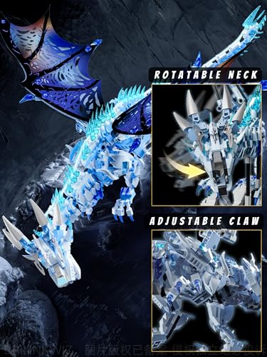 Mechanical Ice Dragon Building Set, 1646 Pieces Large Fantasy Model Kit with Articulated Flapping Wings, Blue Mythical Creature Decor for TV Series Fans Compatible with Major Brands