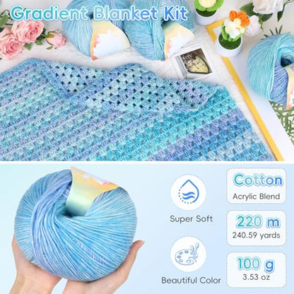 Aeelike Crochet Blanket Kit for Beginners, Easy Crochet Kits, Blue Gradient - color: Aurora Blue Gradient
