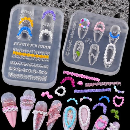 2 Pcs Cream Silicone Nail Molds, 3D Cake Icing Nail Art Mould with Embossed Piping Designs for Gel & Resin, Heart Lace Charms Clear Modeling Templates Nails Mold for Home Salon, Birthday & DIY Craft - color: Cake Cream