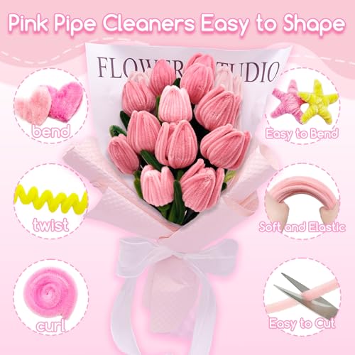 601PCS Pipe Cleaner Flower Kit, Pink Pipe Cleaners Bulk for Flower Making