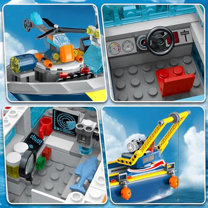 HiWEEGO City Floatable Boat Building Set with LED Light - Ocean Arctic Explorer Ship Building Block Kit with Helicopter, Sub Exploration Toy Adventure Set Birthday Gift for Kids Boys Girls 6 7 8 9 10+