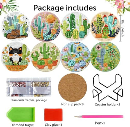 mrpwnle 8 Pcs Diamond Art Coasters Kits, Cactus Diamond Painting Coasters - color: Cactus