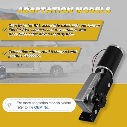 225008 RV Slide Out Motor & Gear Housing Compatible with BAL Accu-Slide Cable Slide Out System, with R25076 R25076-1 RV Slide Out Gear Box and R25075 High Torque Motor for Travel Trailer Camper | 12V