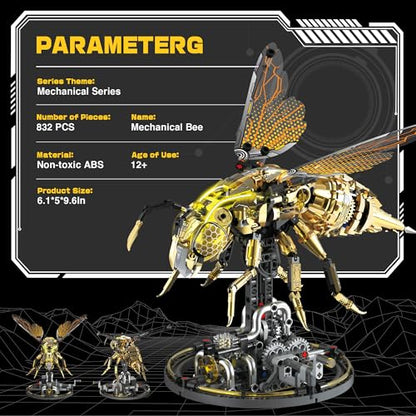 Mechanical Bee Building Set for Adults, Technic Animal Building Block Insect Model with Lights & Moving Wings, Golden Robot Bee Collectible Toy Kit, Creative Display & Gift Idea, 832Pcs