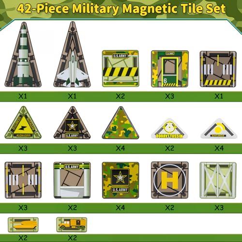 Magnetic Tiles,42PCS Magnetic Building Blocks with Metal Storage Box,Magnet Tiles for Kids Ages 3+,Magnet Tile for Boys & Girls(Military) - color: Green