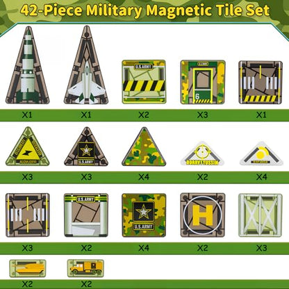 Magnetic Tiles,42PCS Magnetic Building Blocks with Metal Storage Box,Magnet Tiles for Kids Ages 3+,Magnet Tile for Boys & Girls(Military) - color: Green