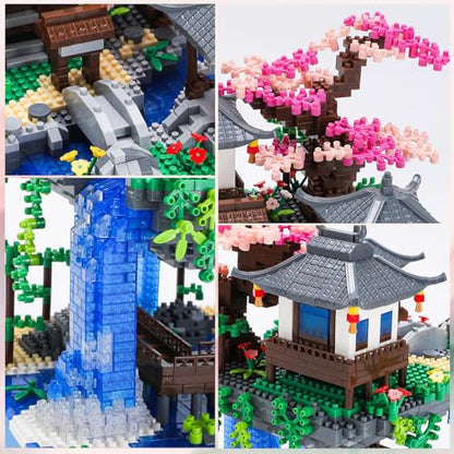 Cherry Blossom Treehouse Micro Mini Building Block Sets with Acrylic Display Box Japanese Bonsai Tree Peach Blossom Pool Architecture Building Model Toy Gift for Adults 2500 Pieces - color: Brown02