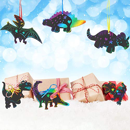 Outus 120pcs Scratch Dinosaur Craft Art Kits for Kids with 48 Scratch Dinosaur Paper24 Wooden Styluses and 48 Ribbons for Theme Birthday Party Game Supplies - size: Medium