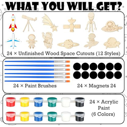 JellyArch 24 Pcs Unfinished Wood Cutouts Space Paint Kit Set and DIY Crafts for Classroom School Birthday Gifts Paint Your Own Painting Bulk Kits and Crafts - style: Space