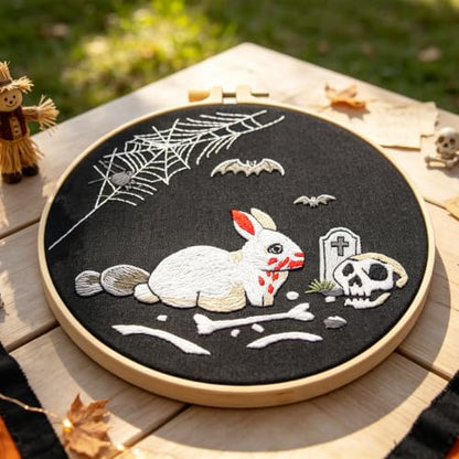 Halloween Embroidery Kits for Beginners Adults, Gothic Rabbit Embroidery DIY Kit, Halloween Cross Stitch Kits Needlepoint Kits for Beginners Adults Woman Gifts, Embroidery Hoop, Thread, Video Tutorial - color: H2123