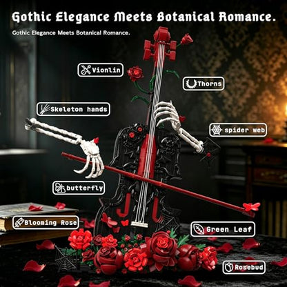 Gothic Cello Building Set Compatible with Lego, Rose Skeleton Art Model