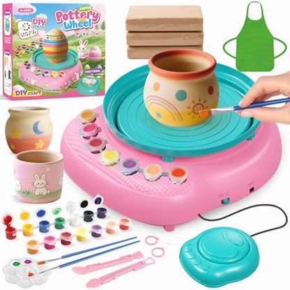 Pottery Wheel for Kids with Air Dry Clay Kit, 12 Paints & Tools, Ages 6-12 - color: pink/cyan
