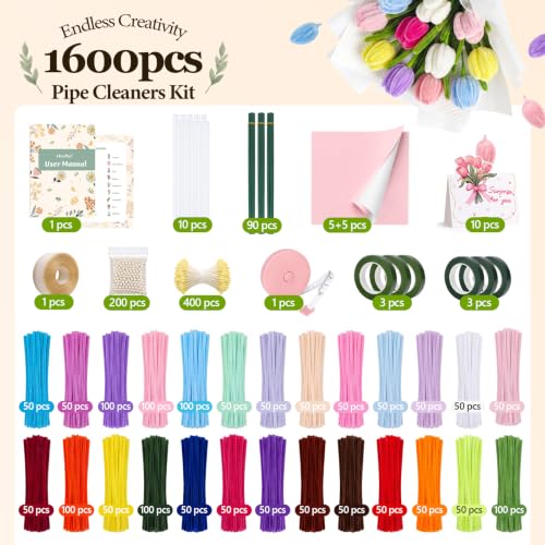 OcePor 1600Pcs Pipe Cleaner Flower Kit,26 Colors Pastel Pipe Cleaners Bulk - color: 26 Colors