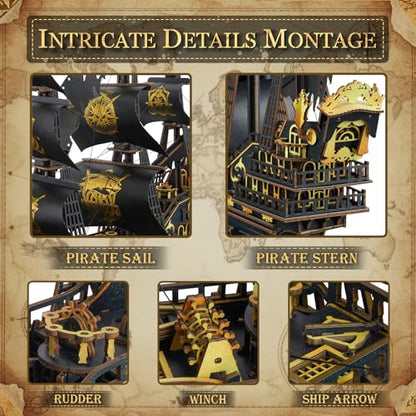 3D Wooden Puzzles for Adults - Black Pirate Ship 3D Puzzle Model Kit - color: Black-gold Pirate Ship