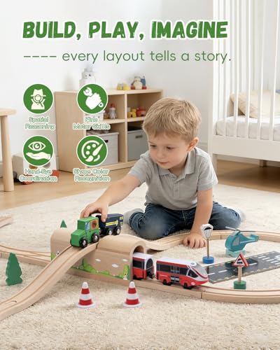 Wooden Train Track Bridge & Tunnel Set, Railway Expansion Kit with Ascending & Descending Ramp Tracks, Compatible with Major Wooden Train Systems, for Kids Creative Play and Learning - style: Wooden Tunnel Set