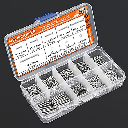 HELIFOUNER 420 Pieces M2 x 6mm /8mm /10mm /12mm /16mm /20mm, 304 Stainless Steel M2 Countersunk Socket Cap Screws Nuts Washers Kit - size: ['M2']