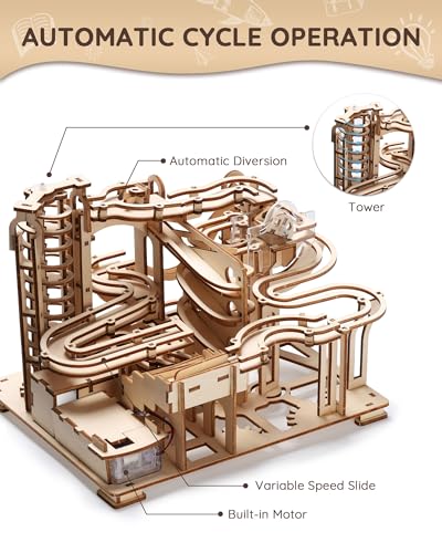 SainSmart Jr. 3D Wooden Puzzles for Adults, 225 PCS Marble Run Wood to Build, Electric Driven Mechanical Model Building Kit, DIY Gift for Aged 14+, Roller Coaster