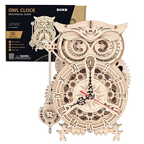 ROKR 3D Wooden Puzzle Owl Clock for Adults, Mechanical Gear Wooden Building Model Kit for Adults, DIY Craft Gift for Home Decor