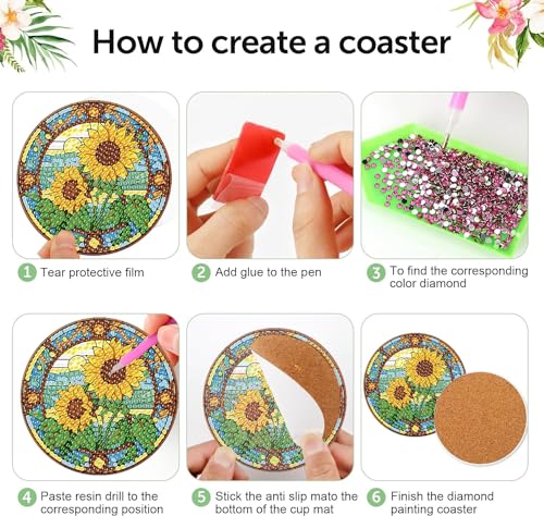 Diamond Art Coasters Kit, 8 Pieces Sunflowers Diamond Painting Coasters Kit - color: Bdwy042