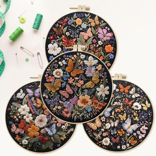 SCECALA 4 Pack Butterfly Flower Embroidery Kit for Beginners - color: Orange Black