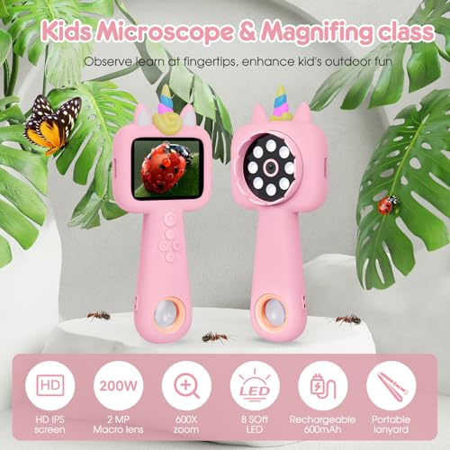 2.4" Screen Kids Microscope, 4K Handheld Digital Microscope - color: Pink