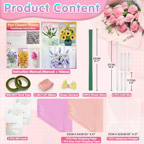 LINAYE 500 PCS Pipe Cleaners Craft, 6 Colors Pipe Cleaners Flowers Kit, Chenille Stems for Crafts with Instruction Wrapping Paper, Flower Stamens, Stems Art and Craft Supplies Pink (12inch x 6mm) - color: Pink