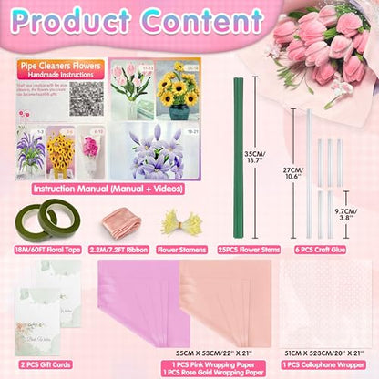 LINAYE 500 PCS Pipe Cleaners Craft, 6 Colors Pipe Cleaners Flowers Kit, Chenille Stems for Crafts with Instruction Wrapping Paper, Flower Stamens, Stems Art and Craft Supplies Pink (12inch x 6mm) - color: Pink