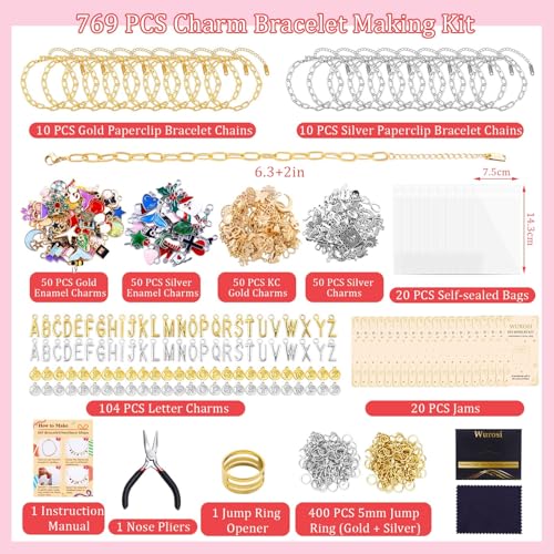 Wurosi 769Pcs Paperclip Charm Bracelet Kit for DIY Christmas Handcraft Gift - color: 769 Pcs Gold & Silver Bracelet