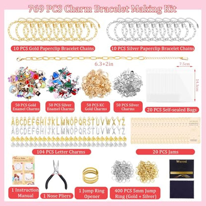 Wurosi 769Pcs Paperclip Charm Bracelet Kit for DIY Christmas Handcraft Gift - color: 769 Pcs Gold & Silver Bracelet