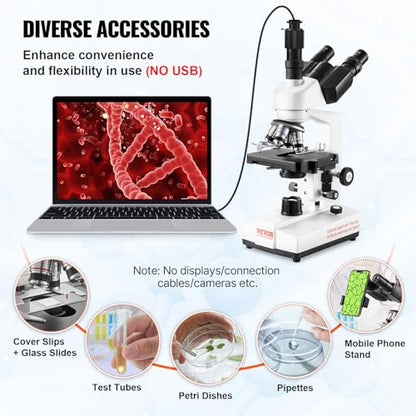 VEVOR Compound Trinocular Microscope, 40X-5000X Magnification Trinocular Compound Lab Microscope with Two-Layer Mechanical Stage, LED Illumination, External Interface and Microscope Slides Included - style: C