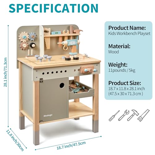 medoga Kids Tool Bench,Wooden Play Tools Set with Kids Tool Belt Workbench Pretend Construction Tools Set Wooden Toy Drill Gift for Boys & Girls Age 3-12 - color: Green